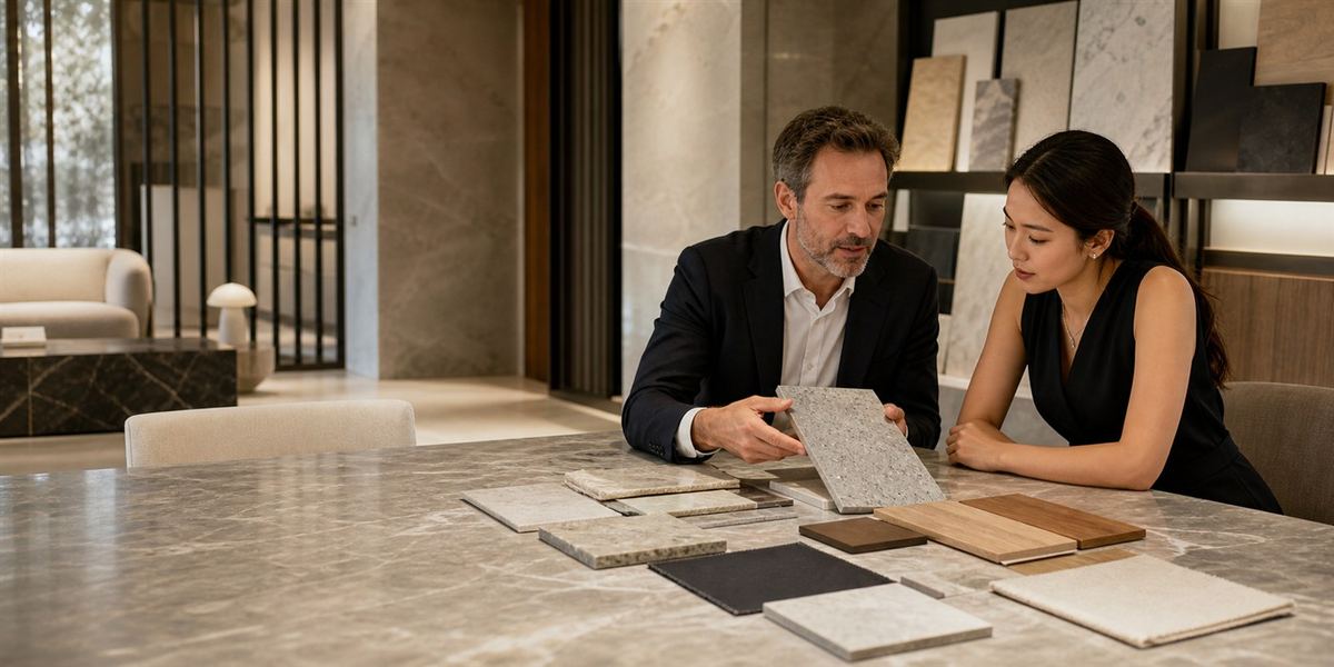 International client discussing interior construction materials with a consultant