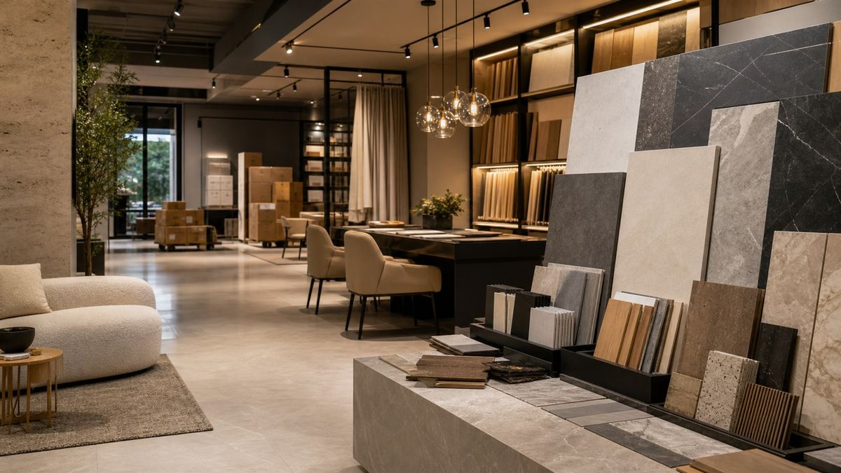 Layered materials showroom with stone tile timber textiles lighting and export preparation
