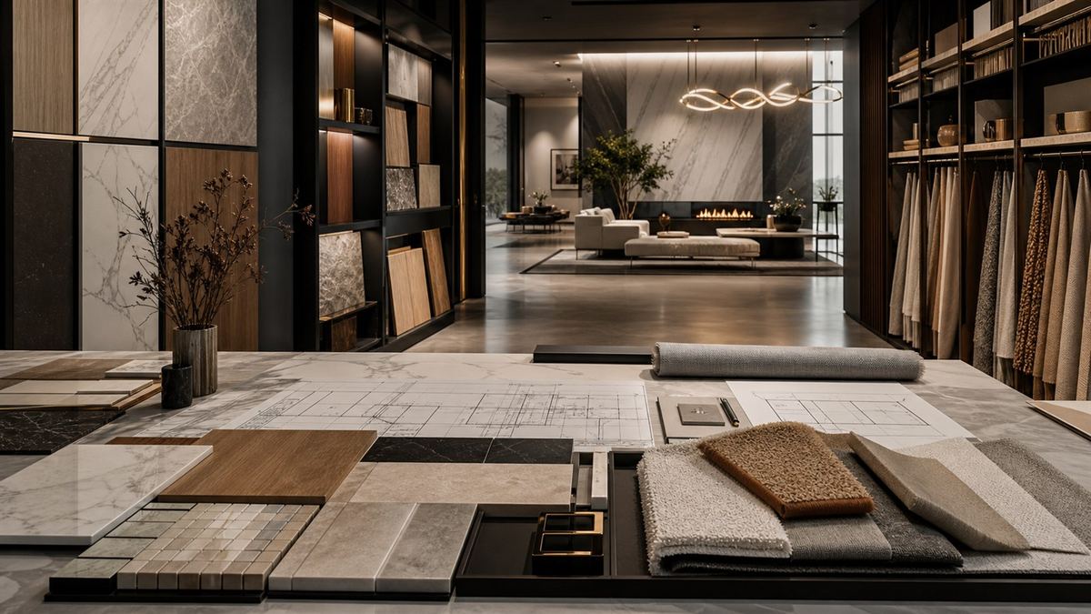 Architecture studio with coordinated stone wood textile and lighting samples