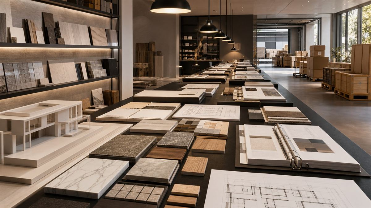 Architecture project workflow table with plans material samples and delivery preparation