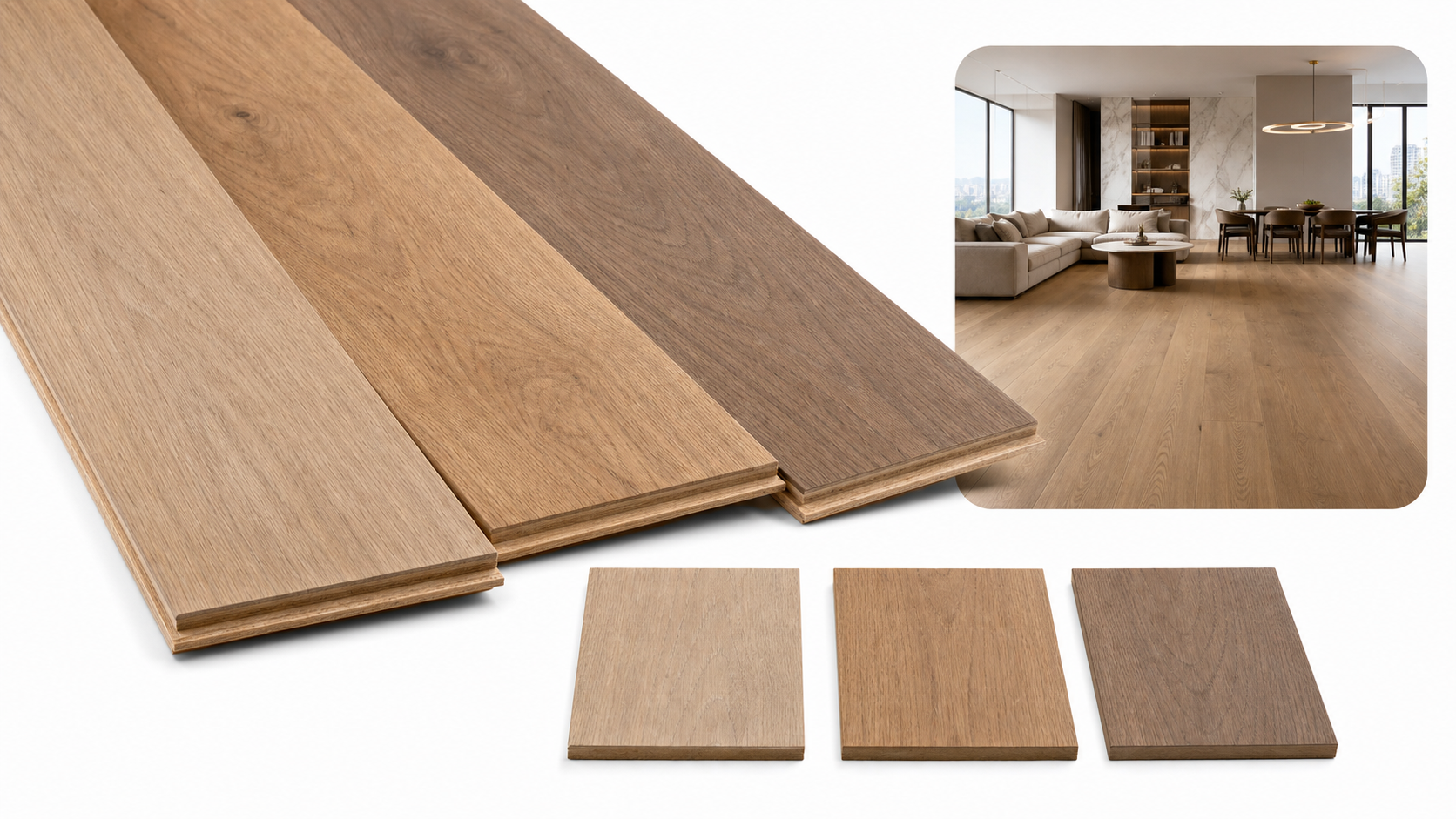 Premium flooring catalog with white background product and interior scene