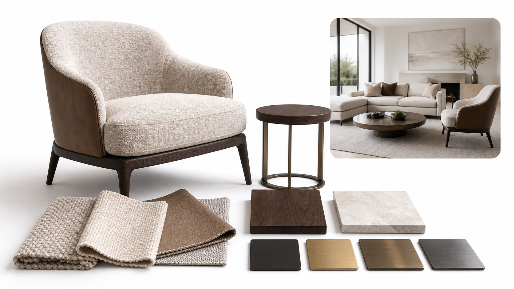 Premium furniture catalog with white background product and interior scene