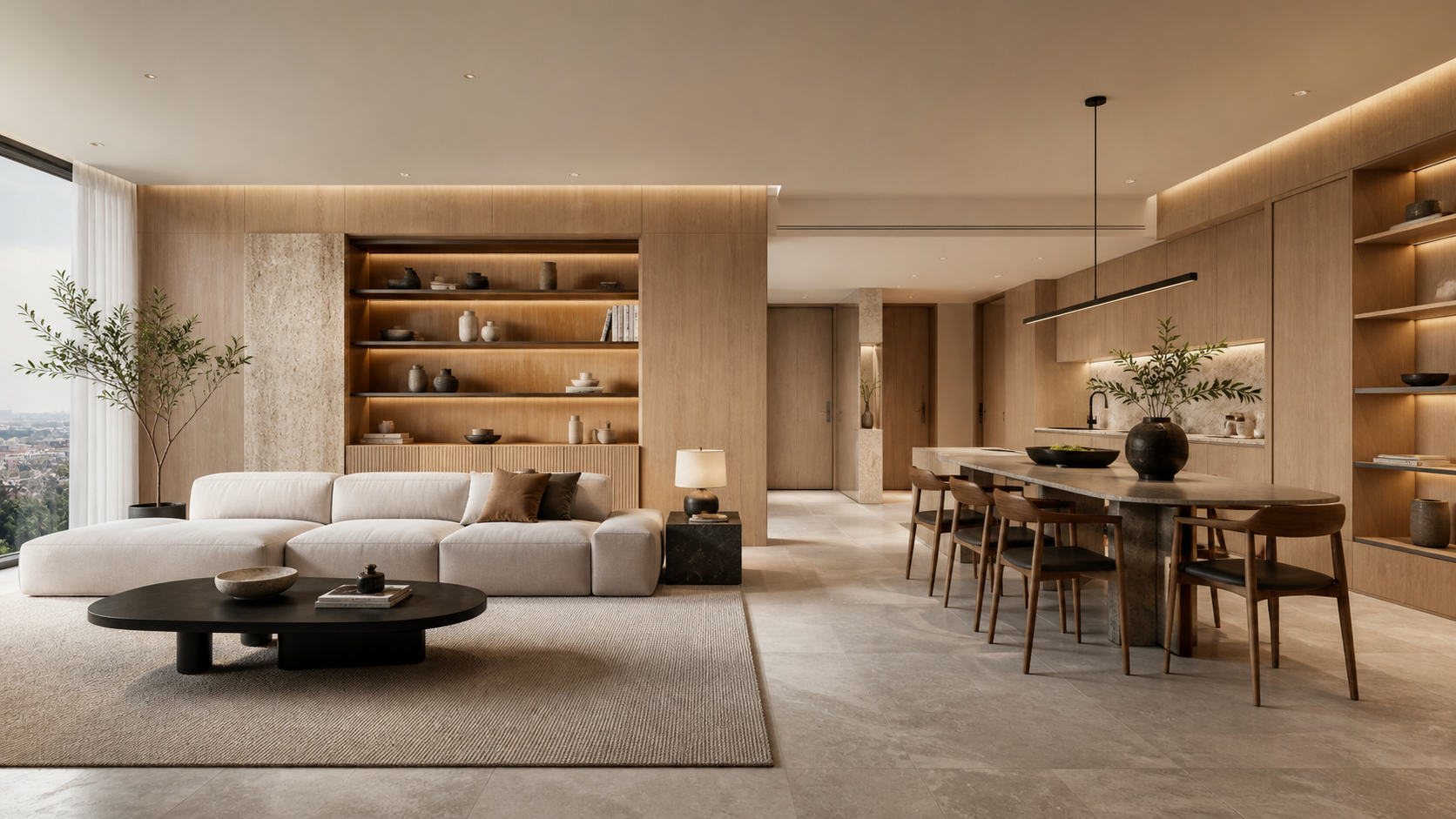 Warm minimalist residential interior material scheme