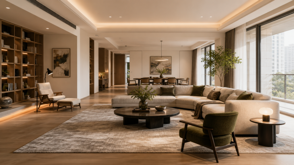 Large Living Room Design for a 150 sqm Home: Zoning Without Clutter