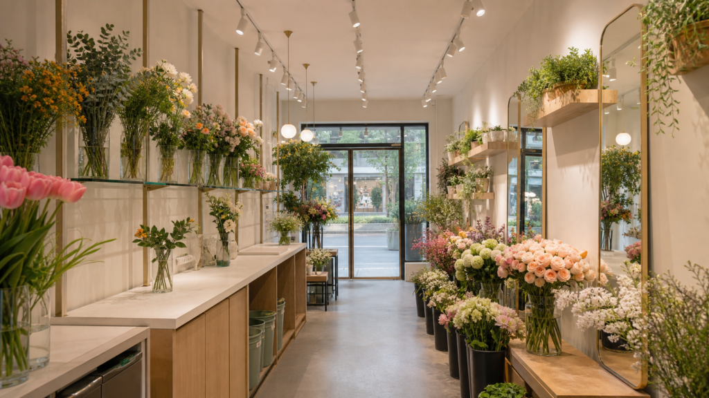 18 sqm Long Narrow Flower Shop Design: Display, Mirrors and Color Tips