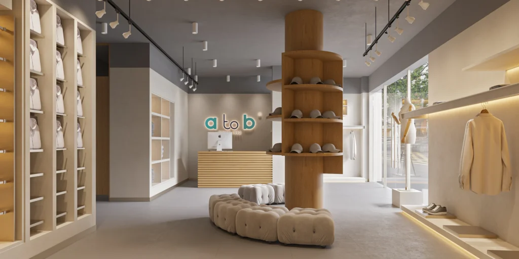 HOMESEE Wood Tone Fashion Store With Lounge Commercial Interior Design