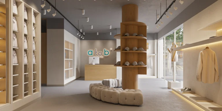 HOMESEE Wood Tone Fashion Store With Lounge Commercial Interior Design