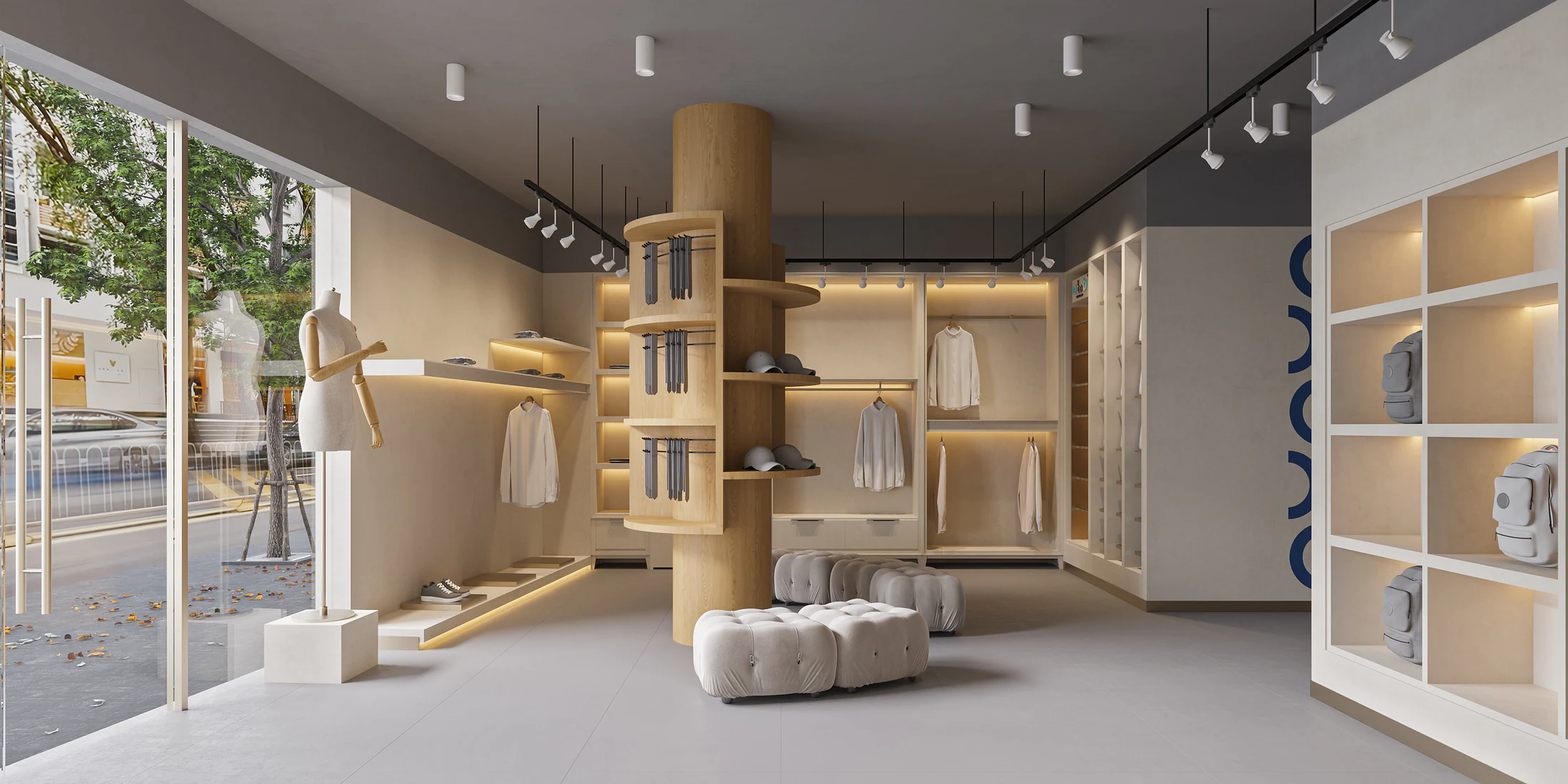 HOMESEE Wood Tone Fashion Store With Lounge Commercial Interior Design commercial interior case image 02