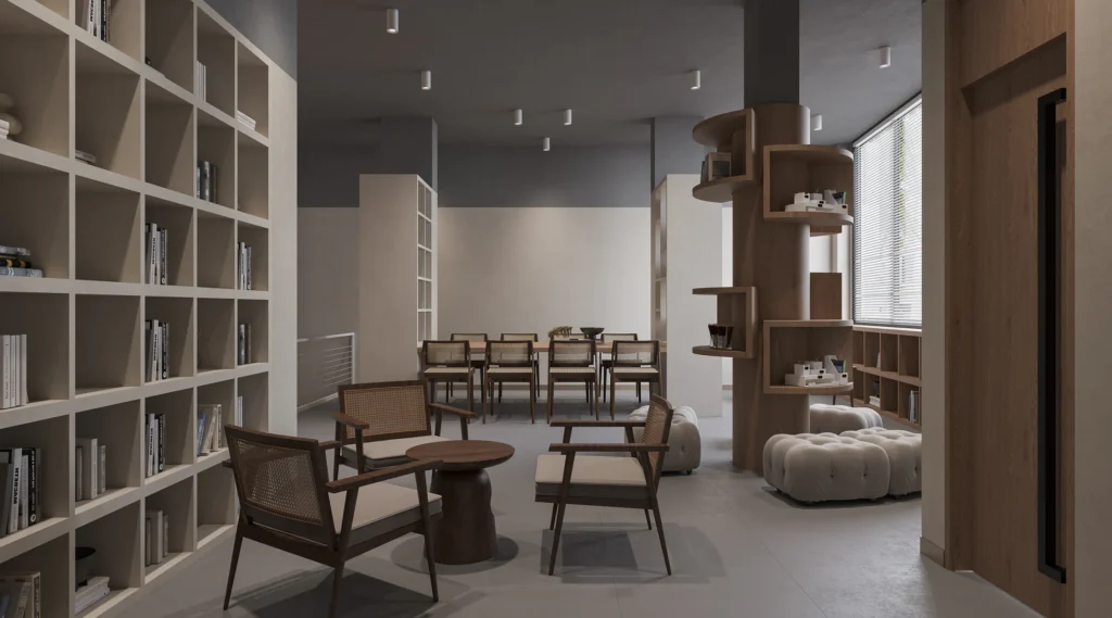 HOMESEE Wood Tone Fashion Store With Lounge Commercial Interior Design commercial interior case image 04