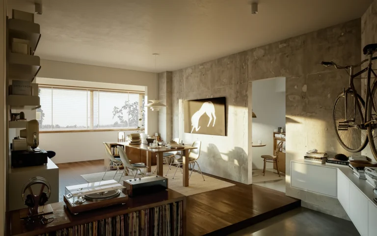 HOMESEE Mid-Century Office and Living Workspace Interior Design