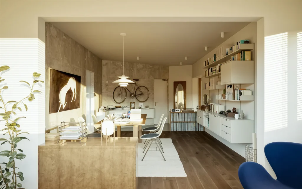 HOMESEE Mid-Century Office and Living Workspace Interior Design office interior case image 02