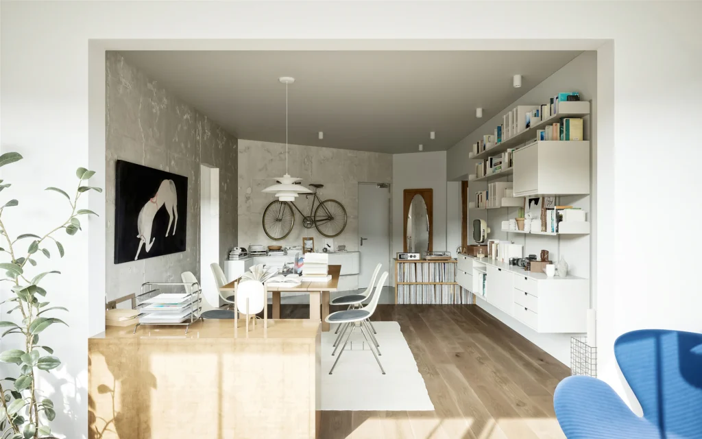 HOMESEE Mid-Century Office and Living Workspace Interior Design office interior case image 04