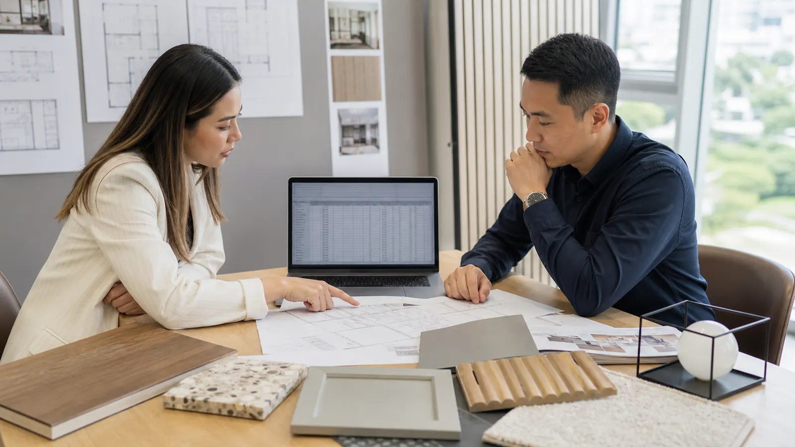 Project buyers comparing a normalized building materials BOQ with drawings and material samples