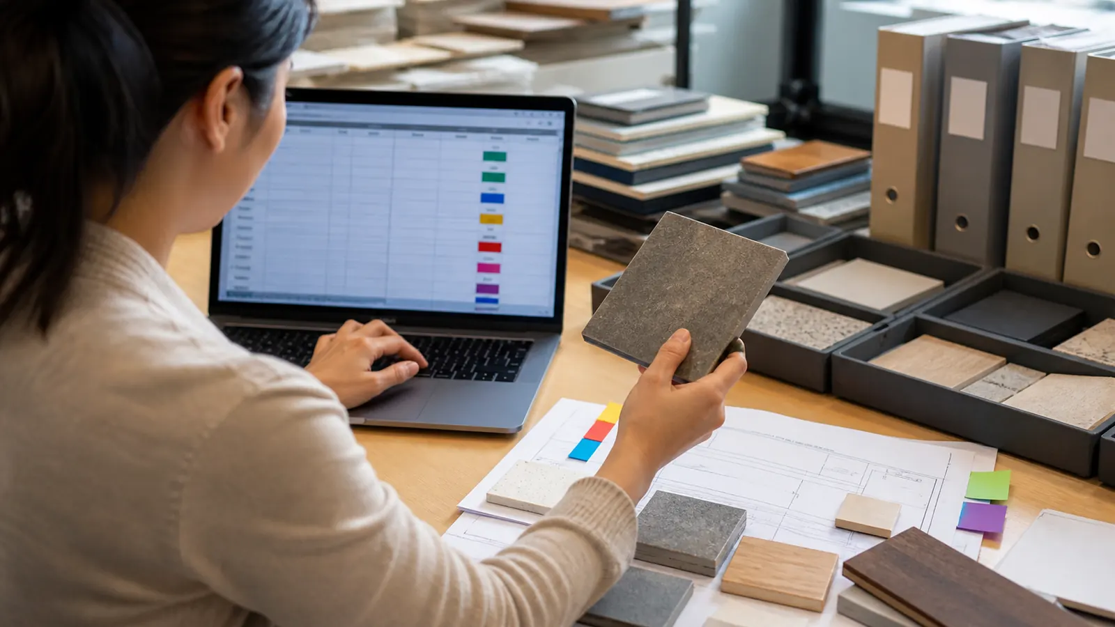 Procurement team reviewing interior material samples and a digital submittal register in a meeting room