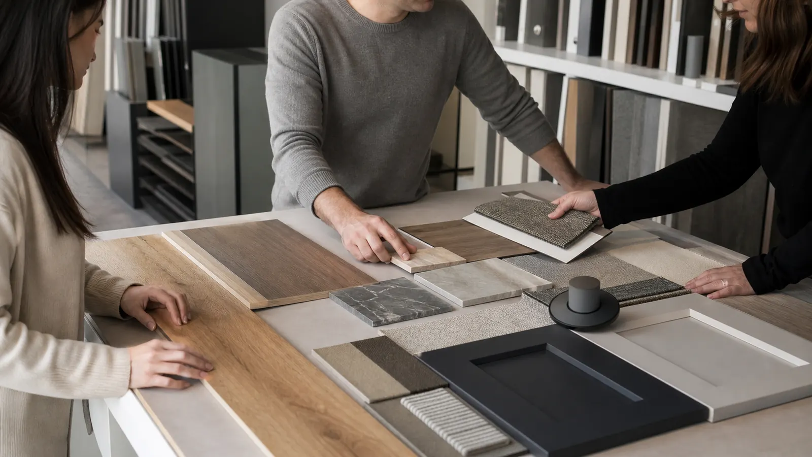 Interior procurement team arranging coordinated flooring wall panel cabinetry and stone samples beside a finish schedule