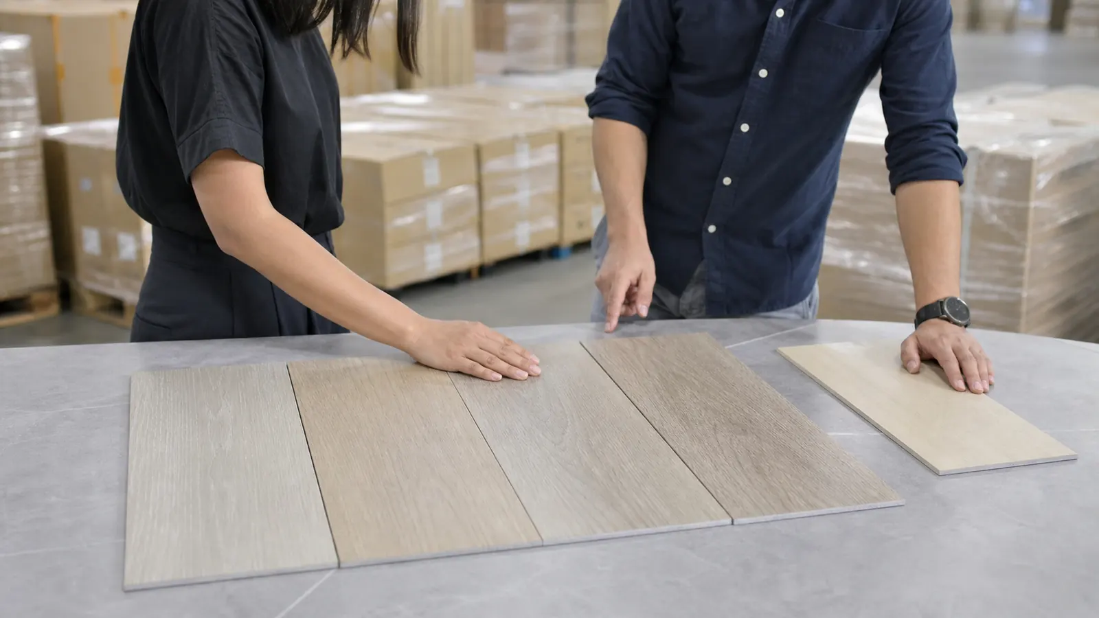 Flooring procurement specialists comparing organized plank samples and carton batch labels under neutral daylight
