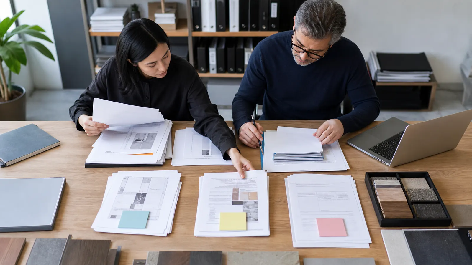 Procurement manager reviewing organized supplier product documents samples and drawings before an interior materials trial order