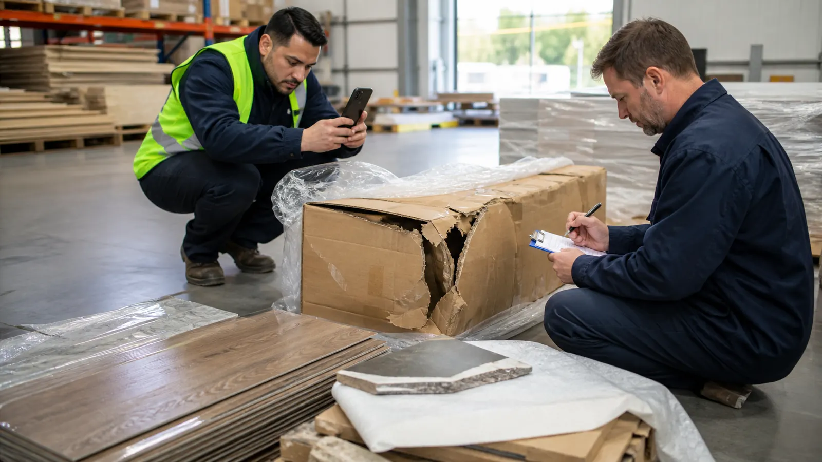 Project receiver documenting a damaged interior material package with carton labels photographs and a condition report