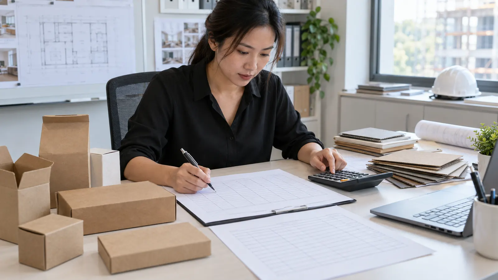 Procurement coordinator reconciling generic BOQ lines with carton pack counts on a blank register