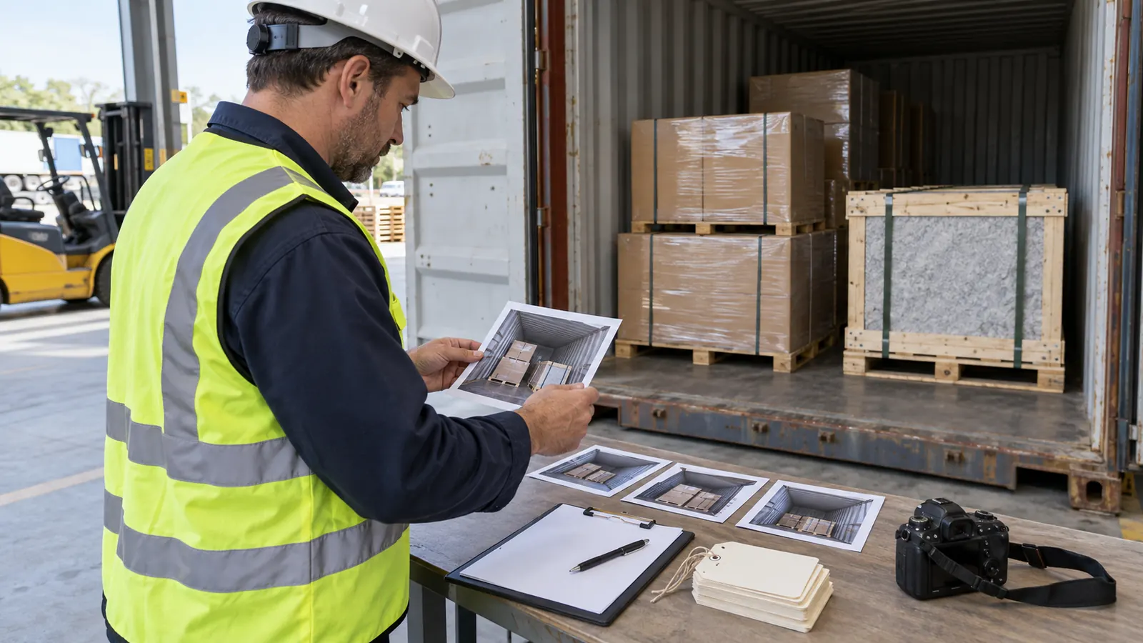 Warehouse team indexing dated loading photographs beside coded project-material packages