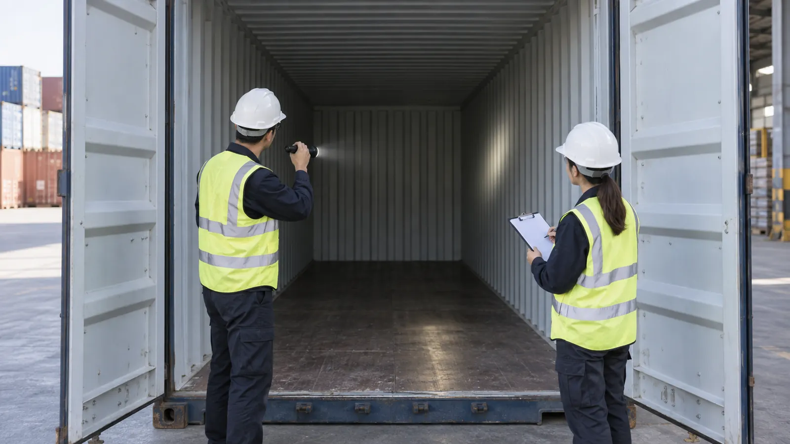 Warehouse team inspecting an empty shipping container before loading project materials