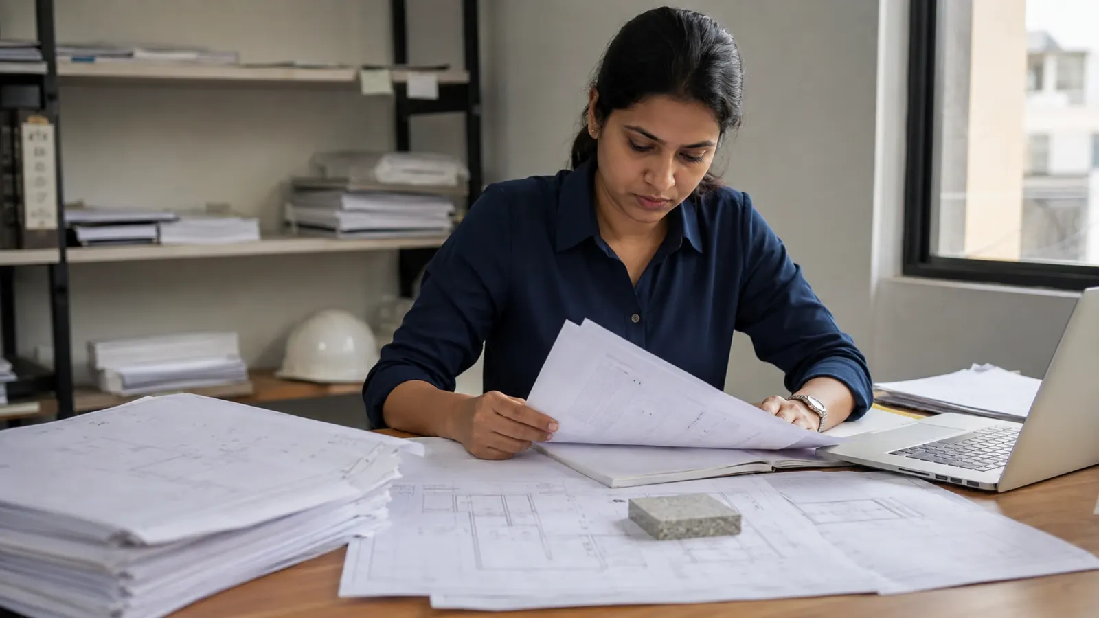 Procurement coordinator checking a material requisition against BOQ extracts and approved drawings