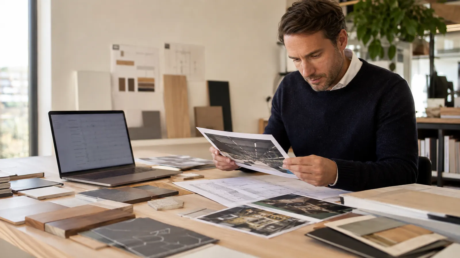 Buyer reviewing dated production evidence for cabinetry, panels, lighting and finish material orders