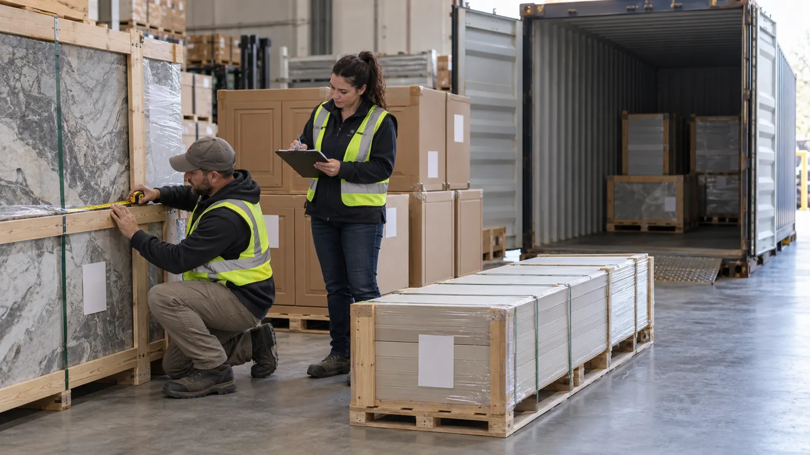 Packing and logistics teams reviewing cargo securing inputs beside mixed building material packages