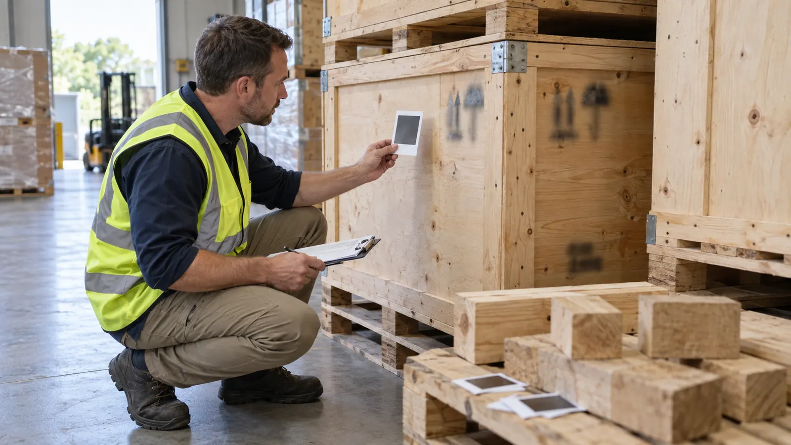 Export packing inspector reviewing wood crate and pallet marks for project cargo