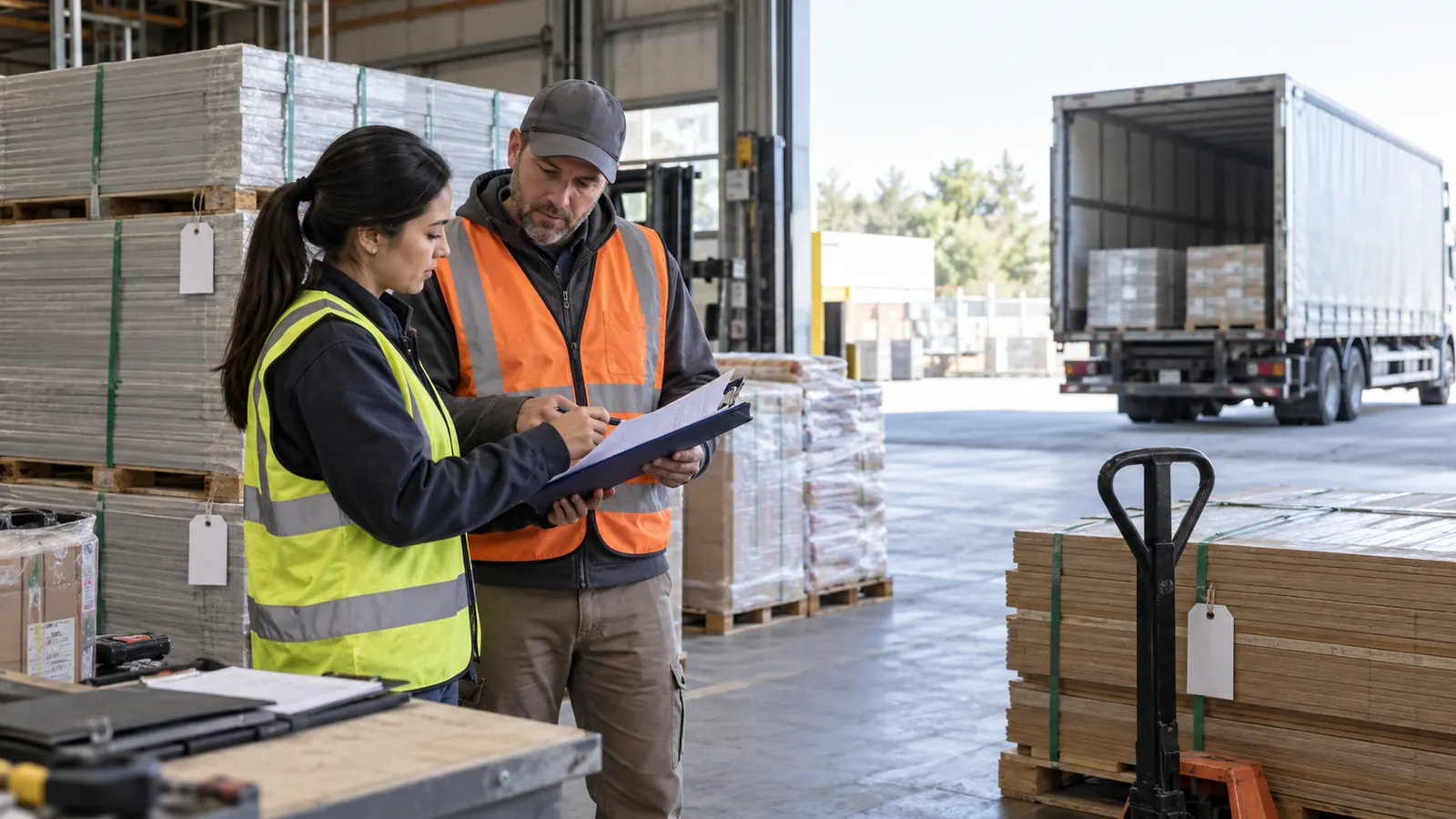 Logistics coordinator reviewing supplier cargo readiness before pickup