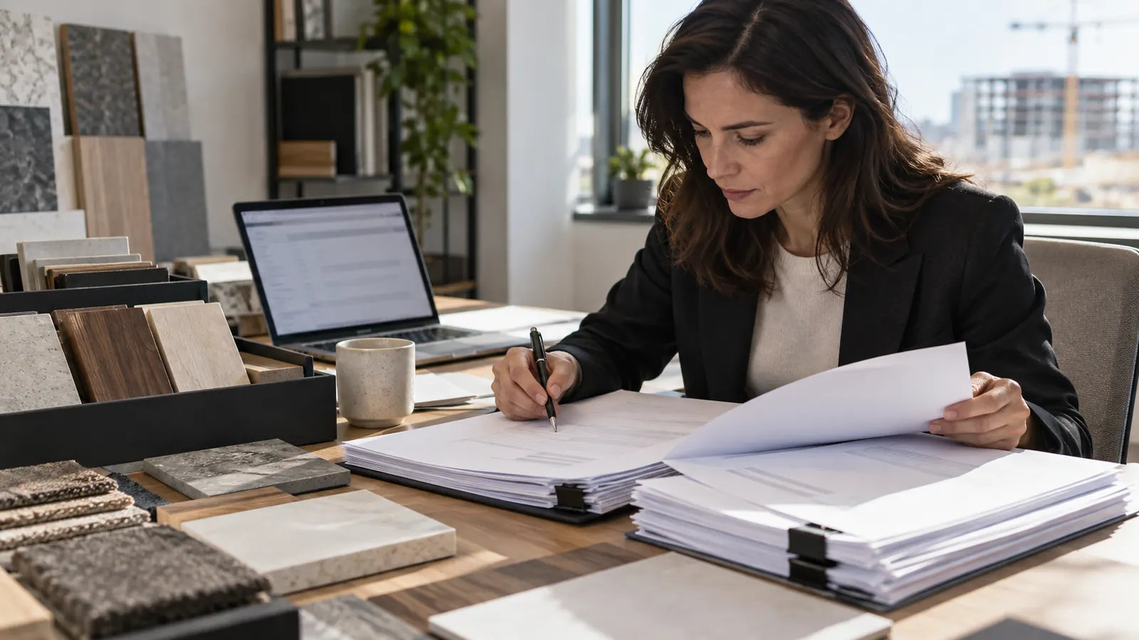 Procurement coordinator checking supplier drawings and product-data folders against a blank completeness register