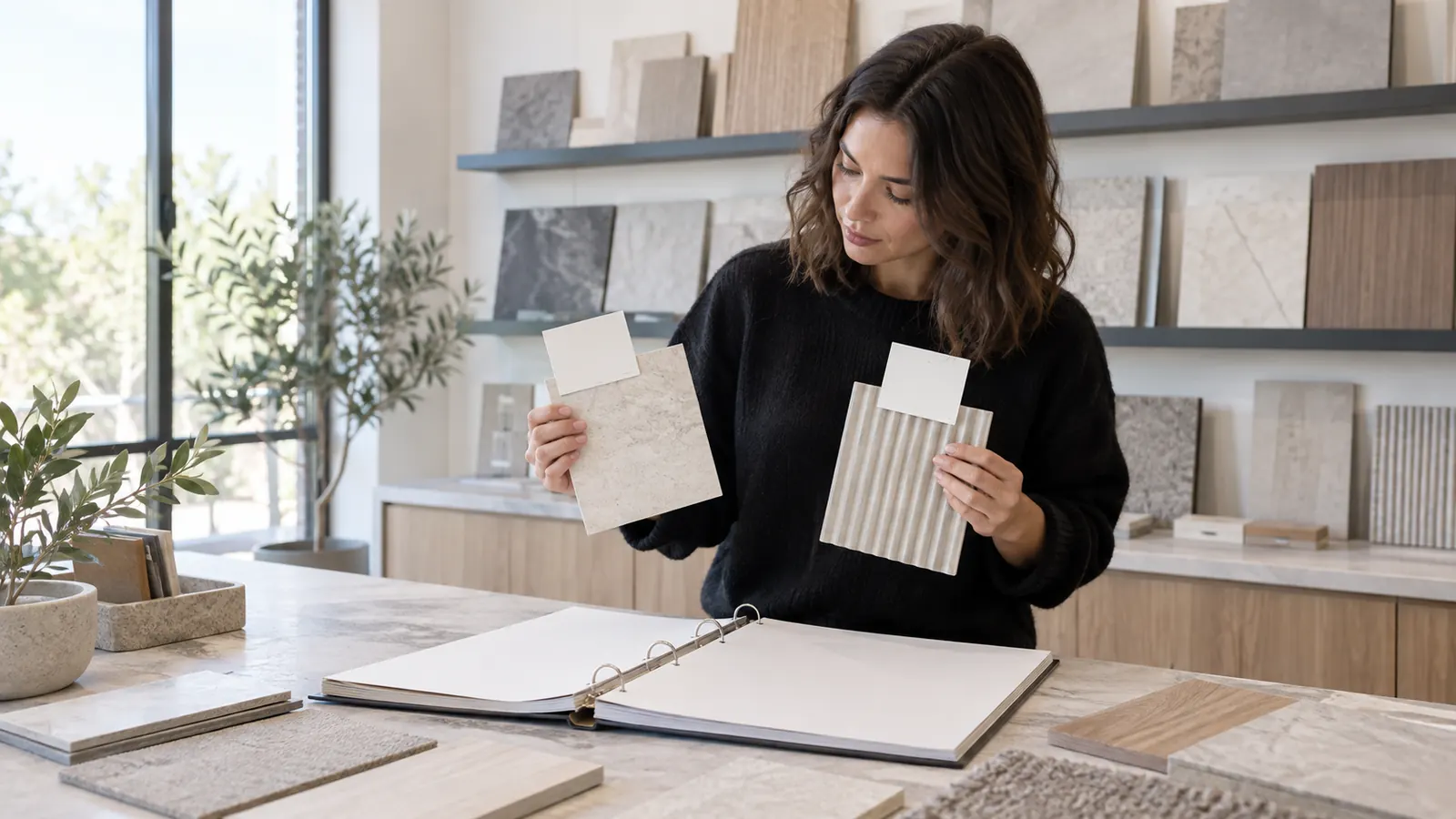Finish coordinator comparing neutral material samples and batch cards on a blank allocation register
