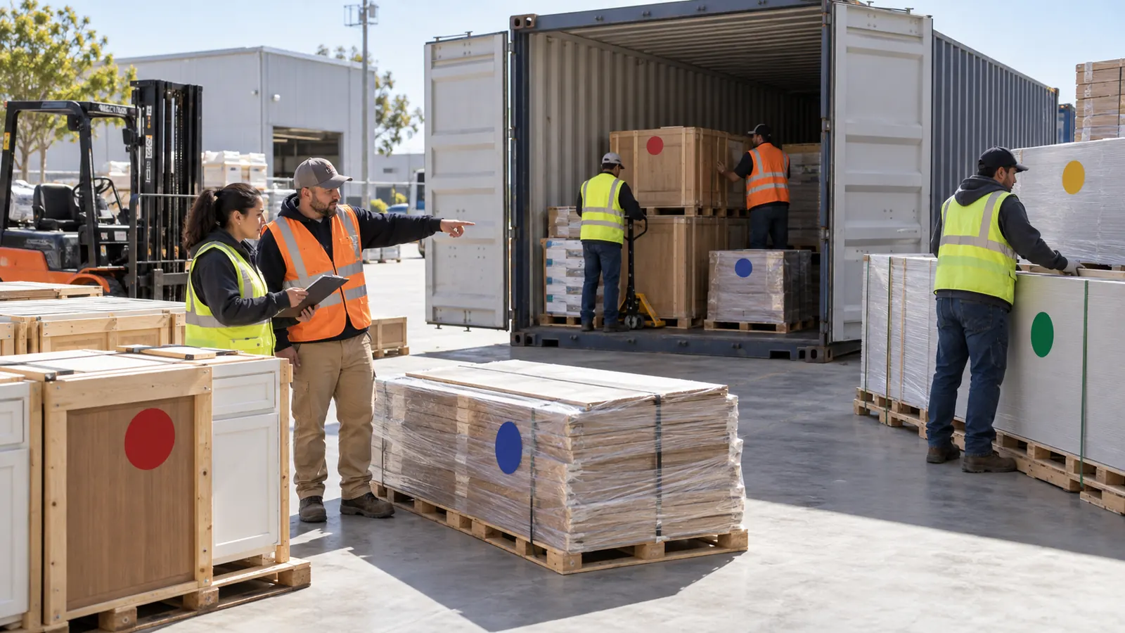 Packing and receiving teams coordinating mixed building materials by unloading priority