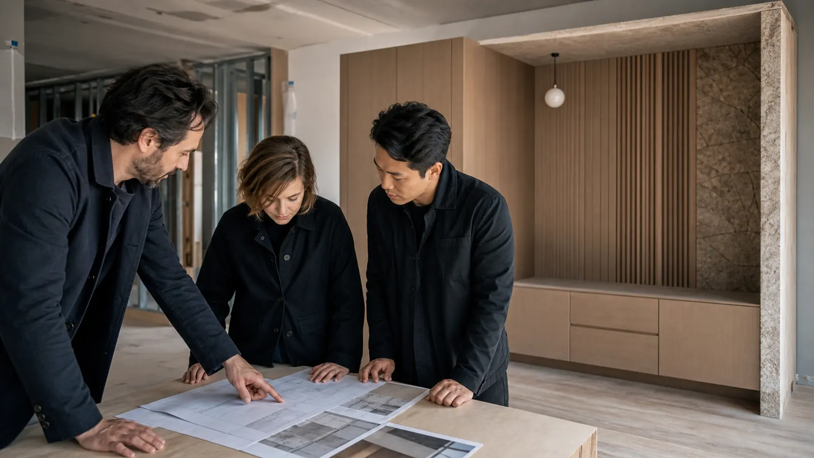 Design and procurement reviewers checking cabinetry, wall panel, stone and lighting interfaces in a room mock-up