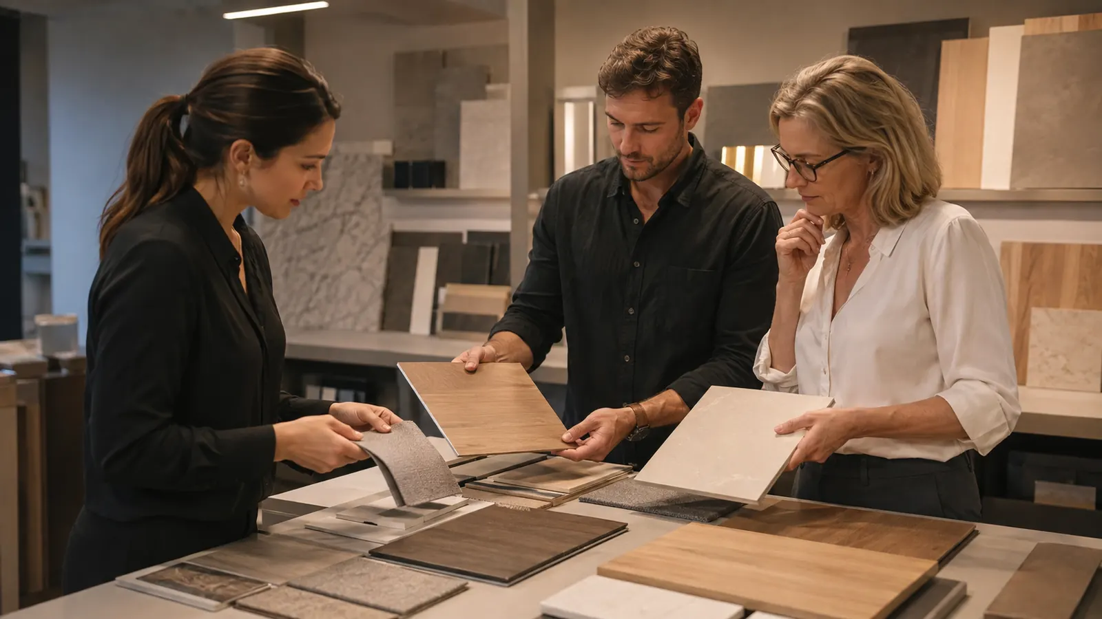Design reviewers comparing finish samples under controlled natural and project lighting conditions