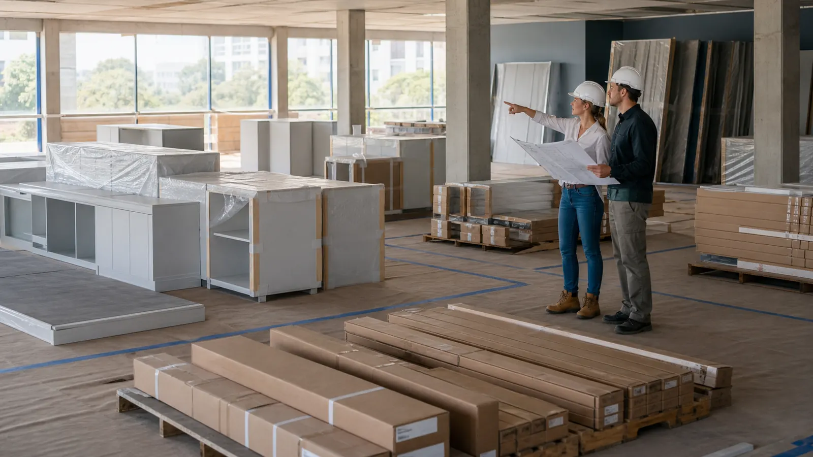 Project team arranging coded interior material packages by room zone and installation sequence