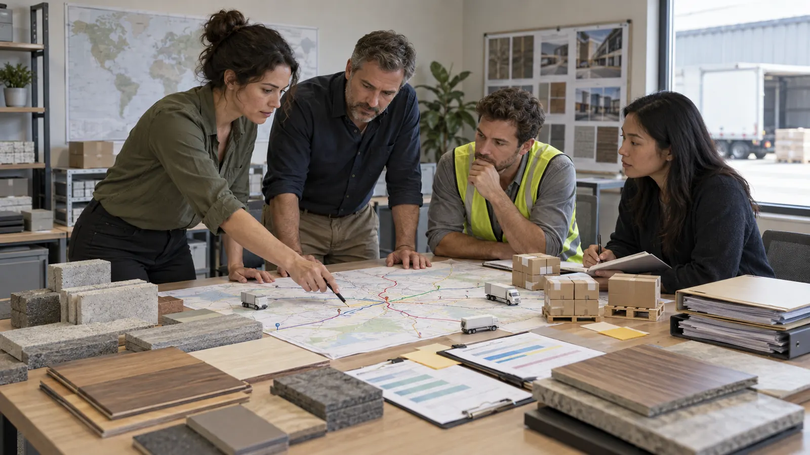 Project logistics team assessing a route change for critical building material packages