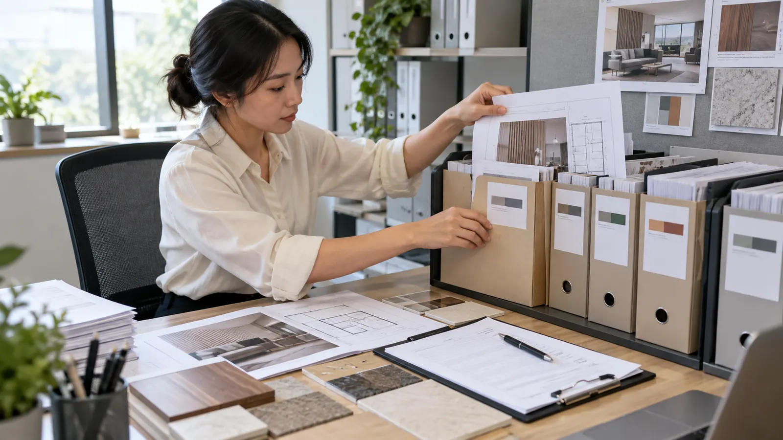 Project coordinator organizing revision-coded interior-material submittal files