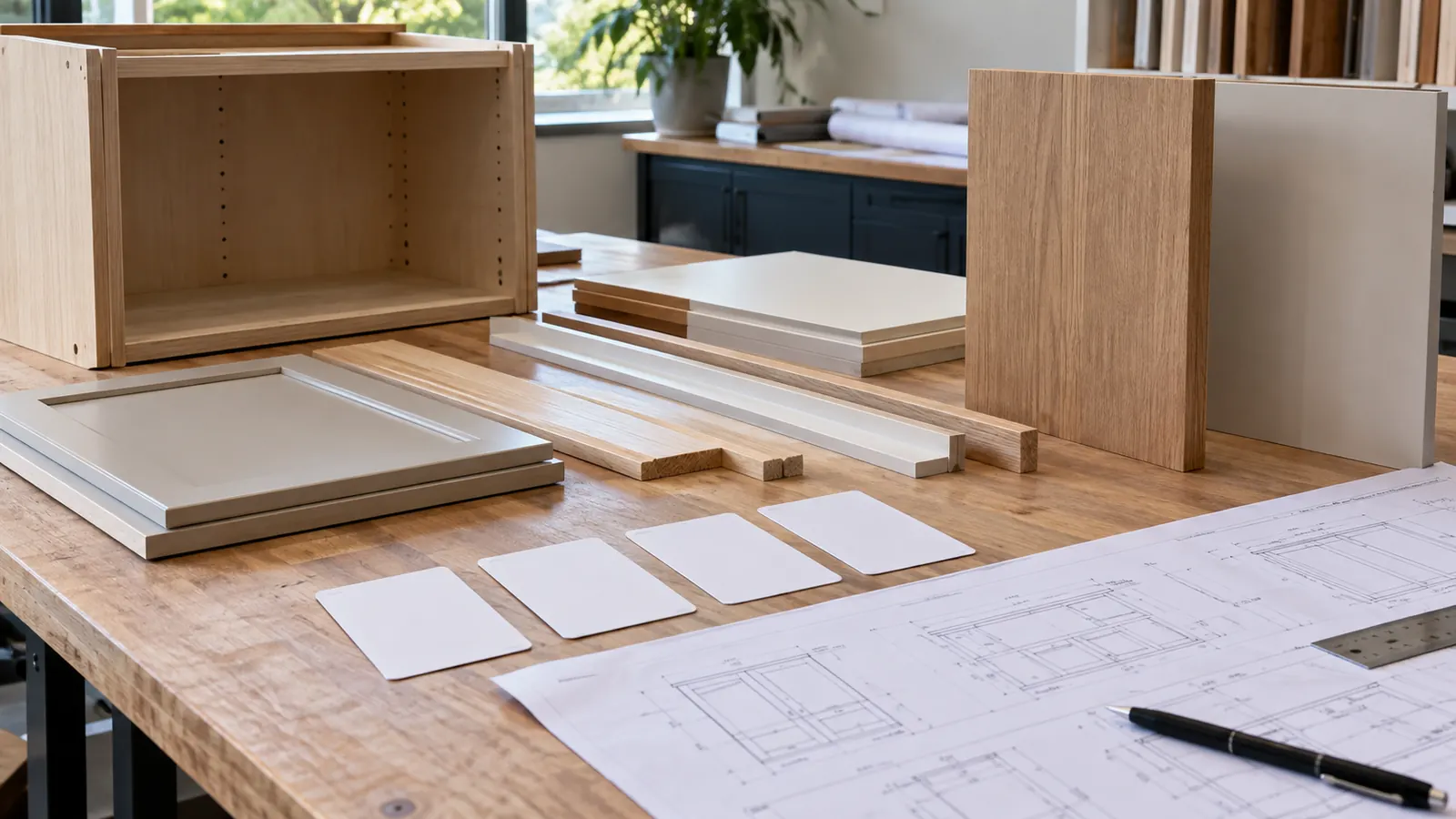 Cabinetry coordinator reviewing neutral filler and end-panel samples beside a blank responsibility schedule