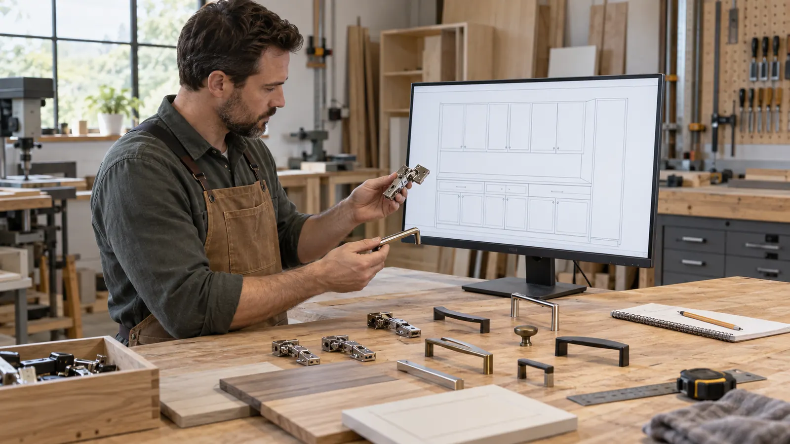 Cabinetry reviewer comparing generic hardware pieces with blank shop-drawing interface cards