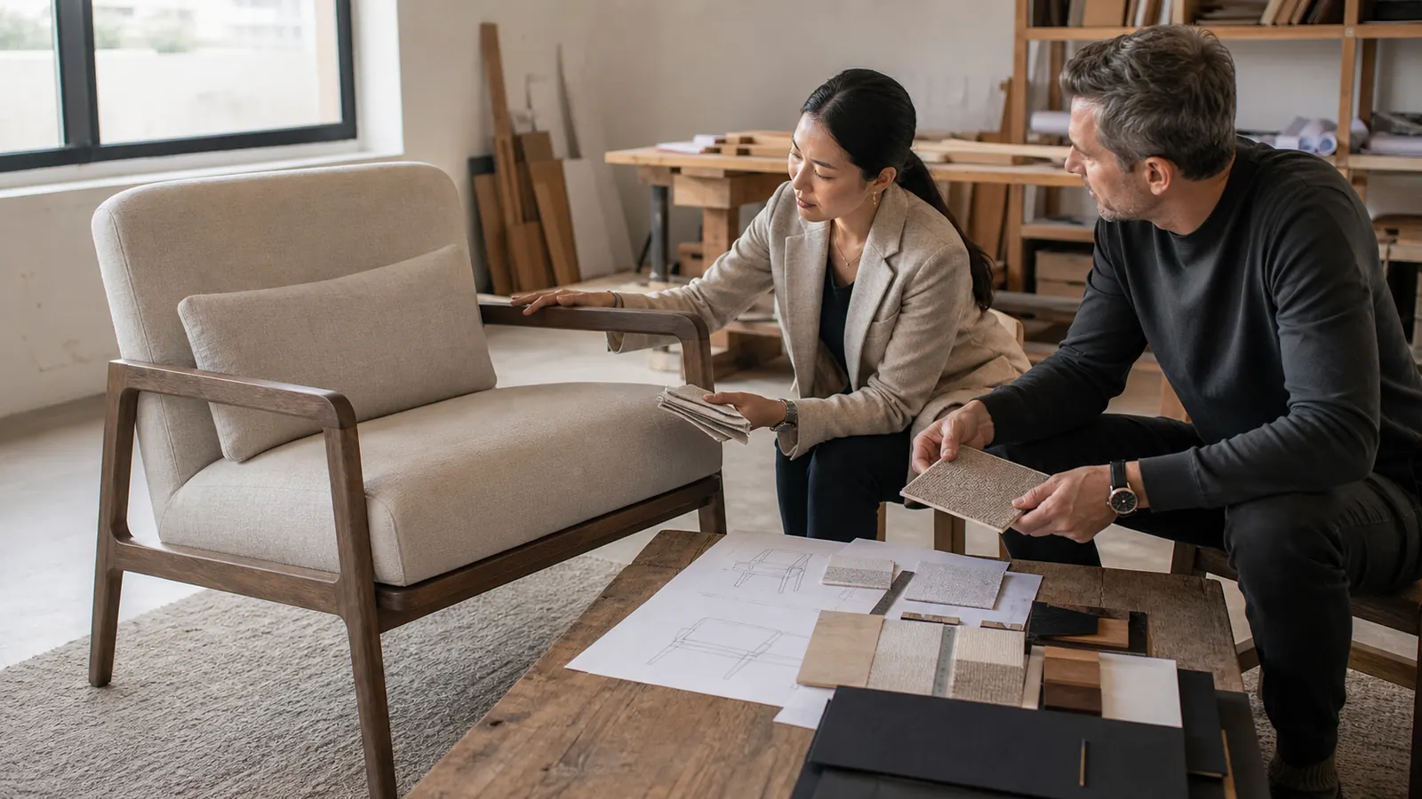 Buyer and supplier reviewing a full-size furniture sample with finish swatches and approval records