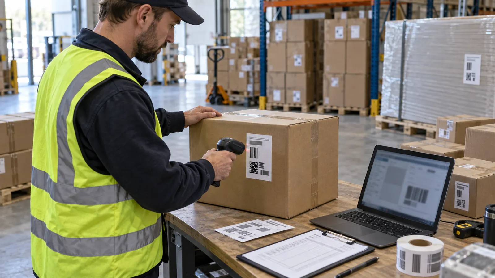 Warehouse inspector scanning a generic logistics label on a project material package