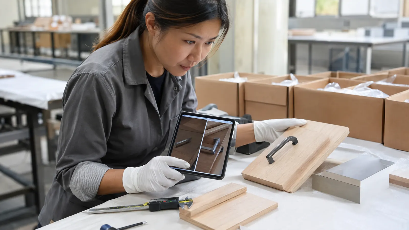 Inspector comparing reworked interior material units with original findings and the approved sample