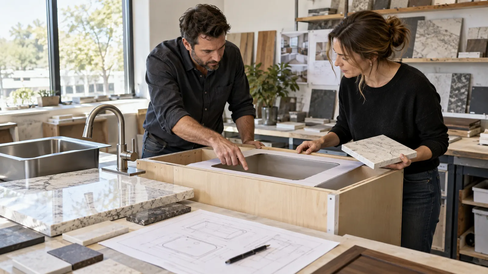 Cabinetry and stone teams coordinating a sink cutout interface on shop drawings