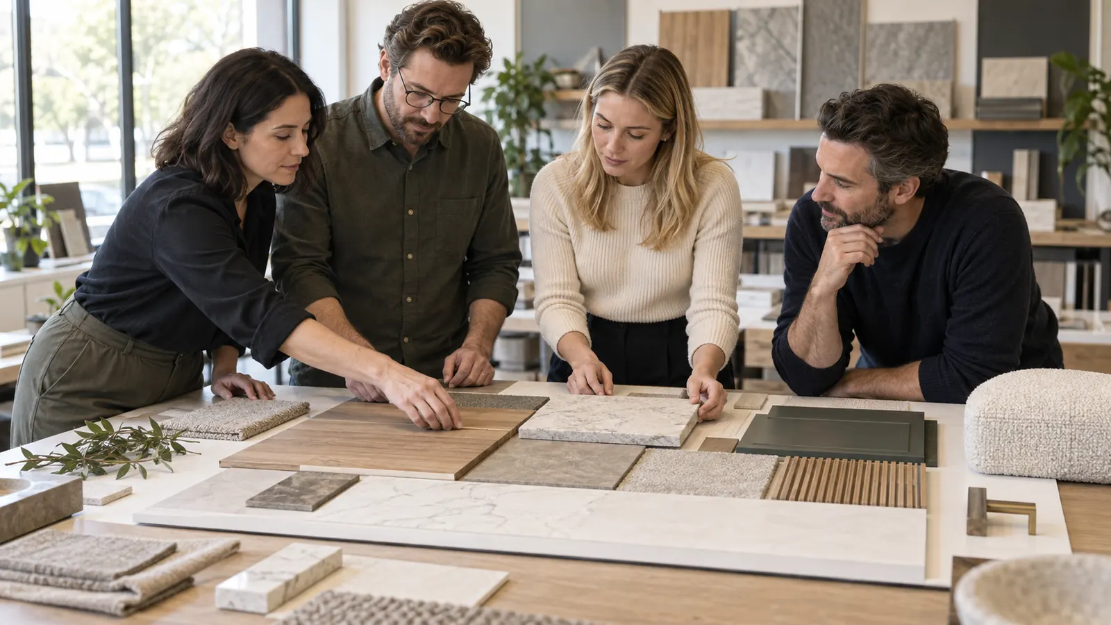Design and procurement team comparing finish samples from several interior material categories