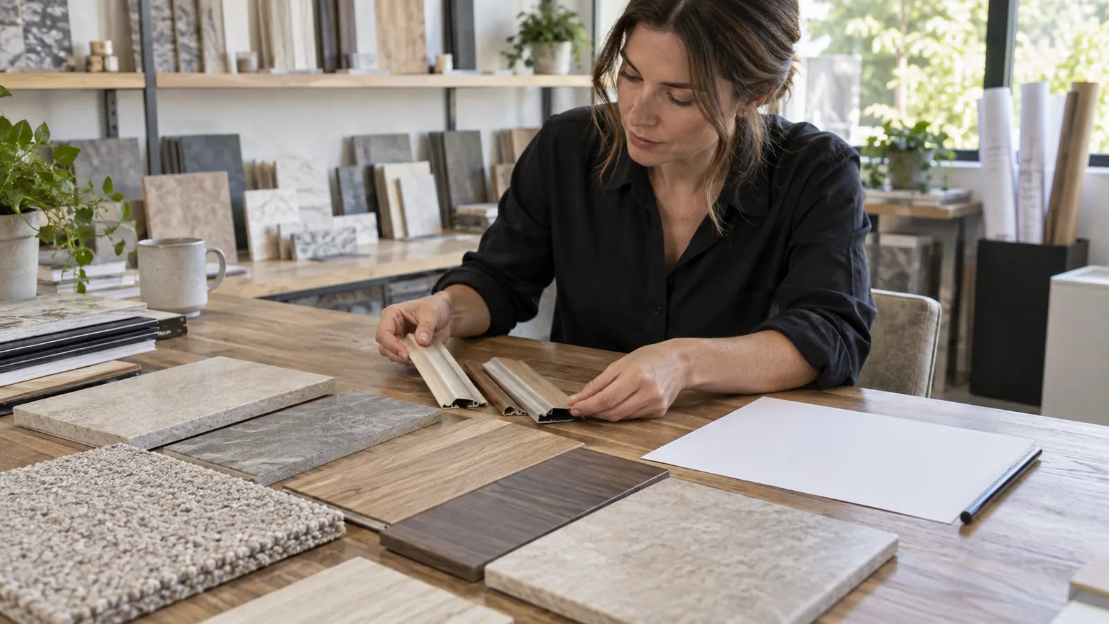 Flooring coordinator reviewing neutral transition profiles beside a blank edge-condition log