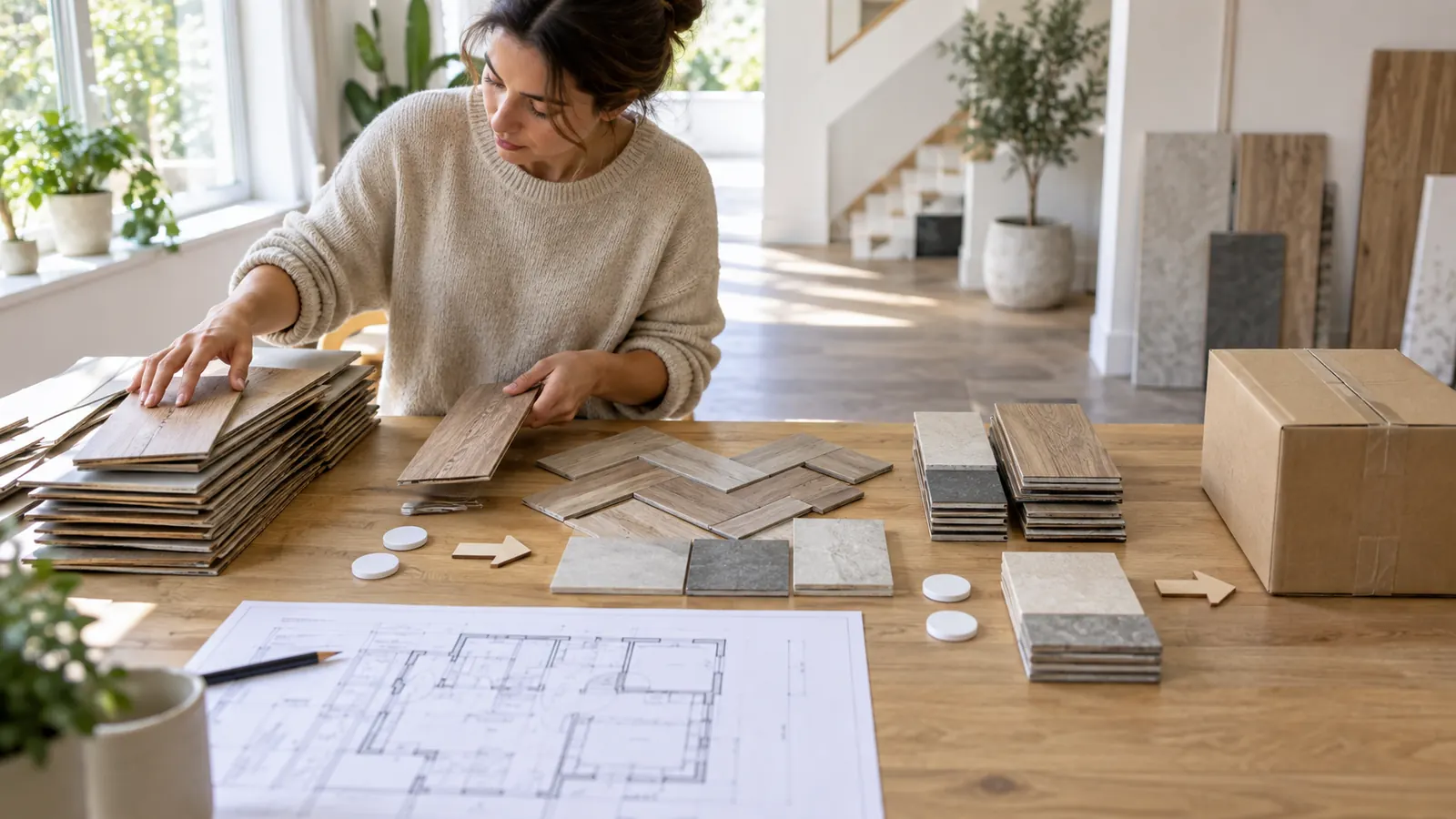 Flooring buyer reviewing net takeoff, pattern and pack-rounding inputs