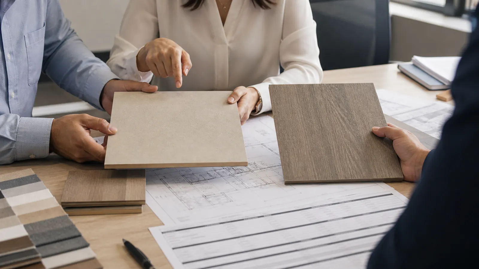 Design and procurement team comparing an approved sample with a proposed material substitution