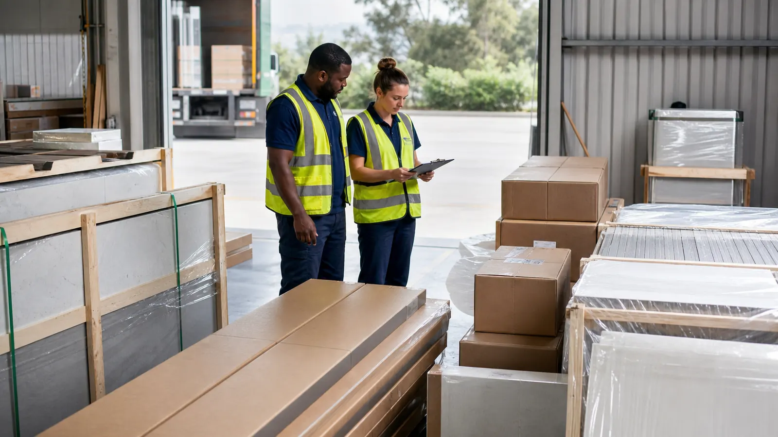 Consolidation warehouse team checking mixed interior packages at a documented handover zone