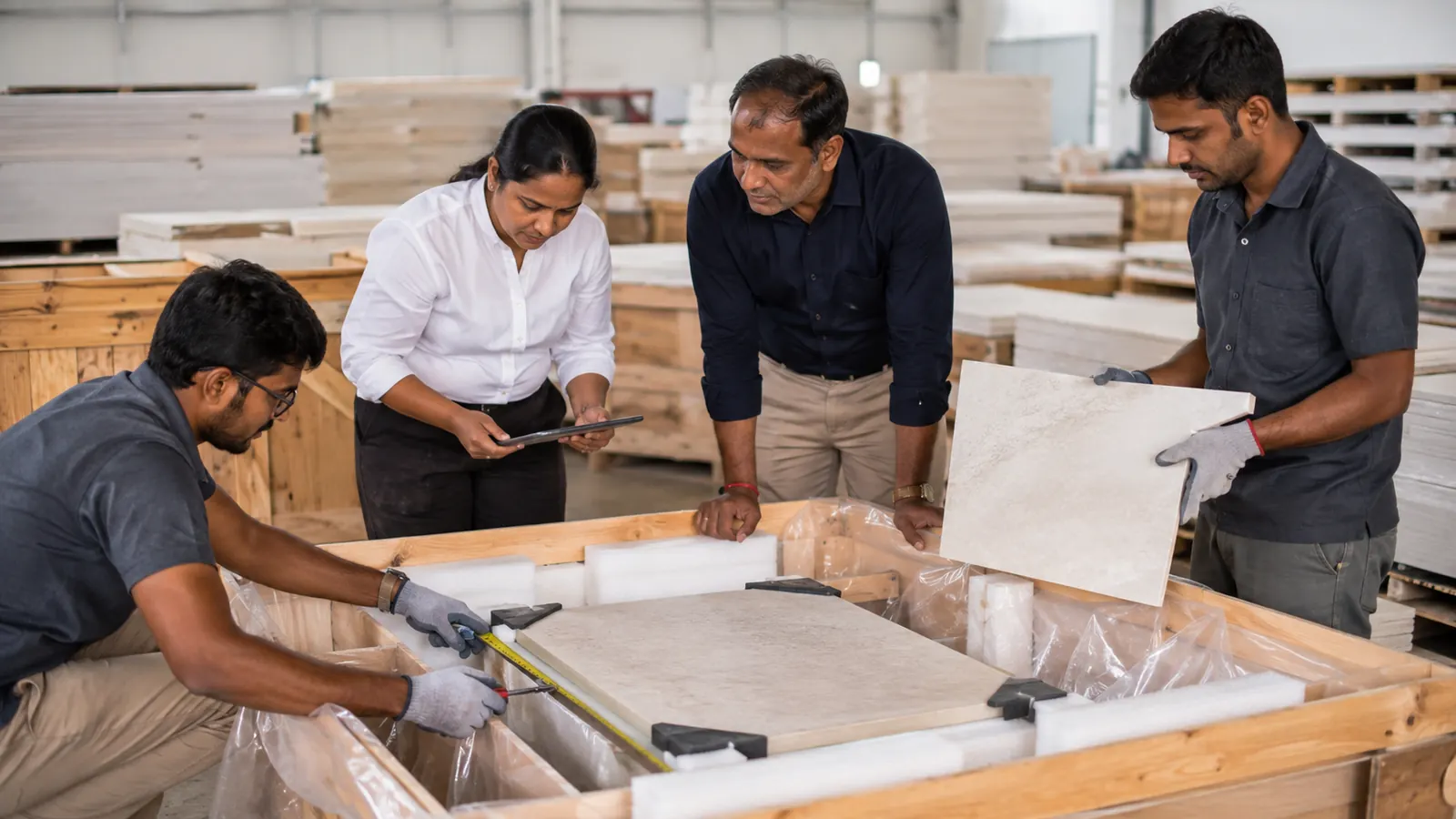 Packaging team evaluating a trial pack for fragile interior materials before series packing